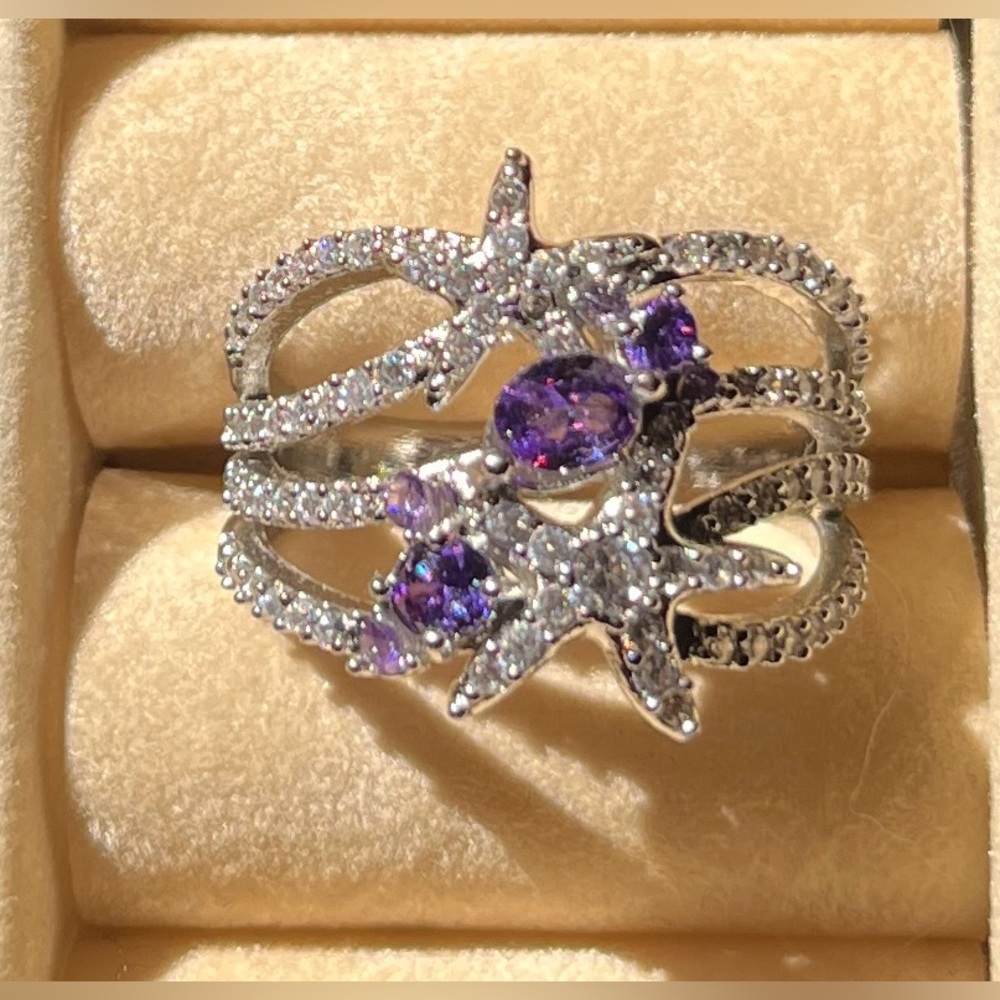 Bomb Party Starfish Ring rhodium plating  with tanzanite colored CZ size 10